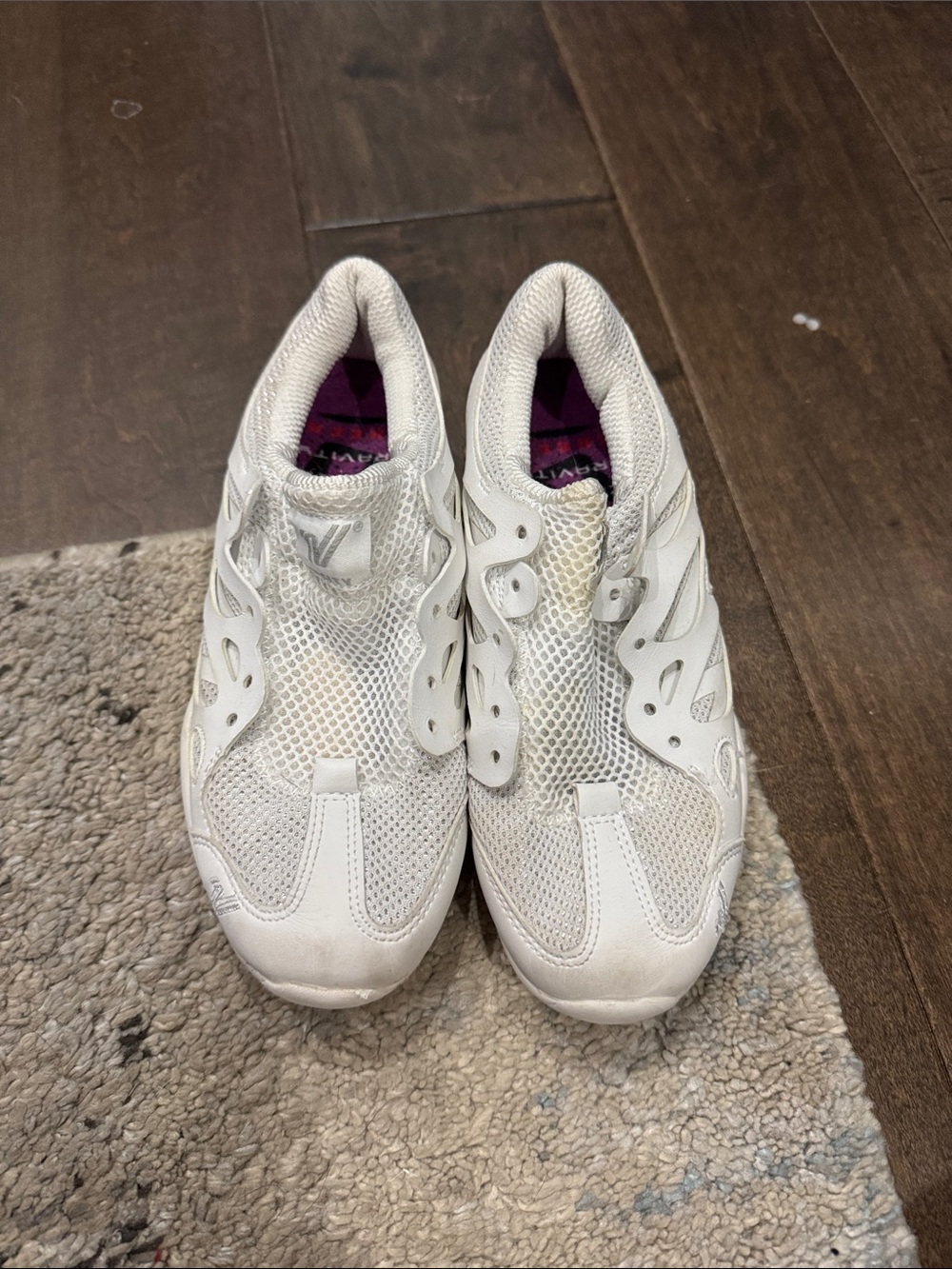 Varsity White Mesh Cheer Athletic Sneakers Shoes with Purple Liner. No laces.